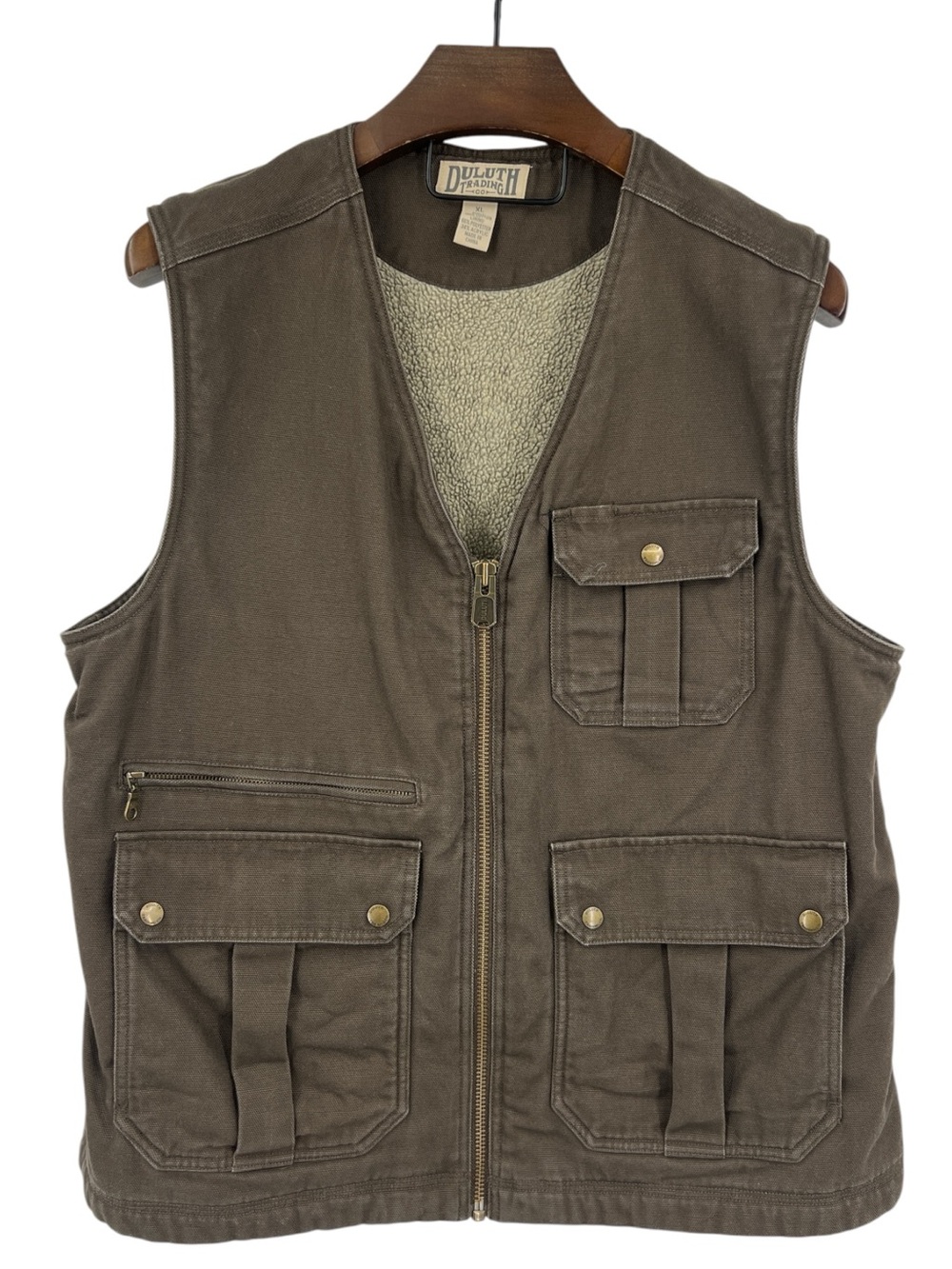 Duluth Trading Company Men's Iron Range Fire Hose Sherpa-Lined Vest brown canvas